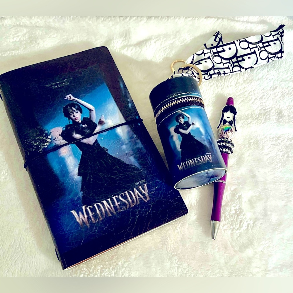Wednesday Addams Notebook, Hand Crafted Pen and Clip Pouch